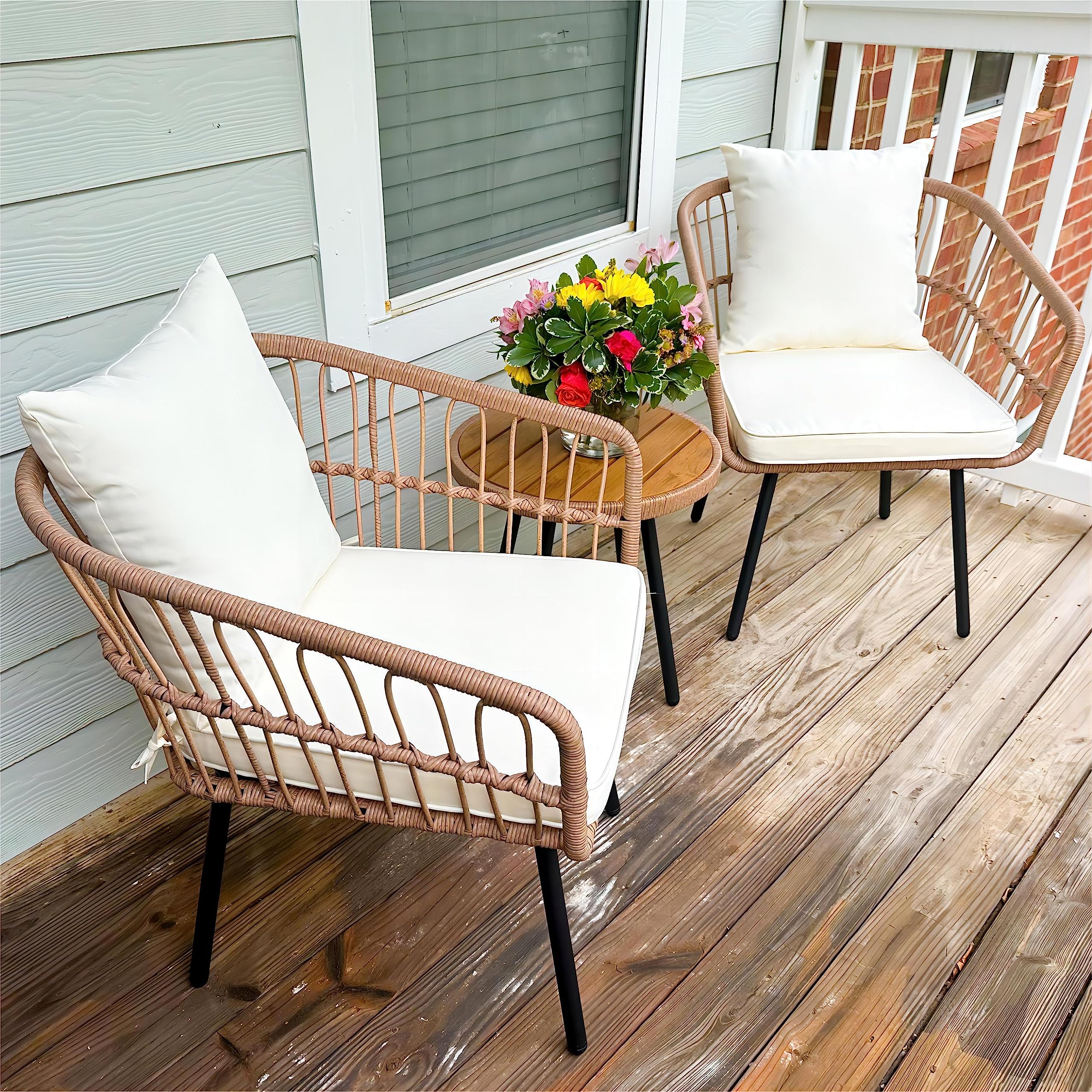 Compact Outdoor Wicker Patio Set with Table & Cushions